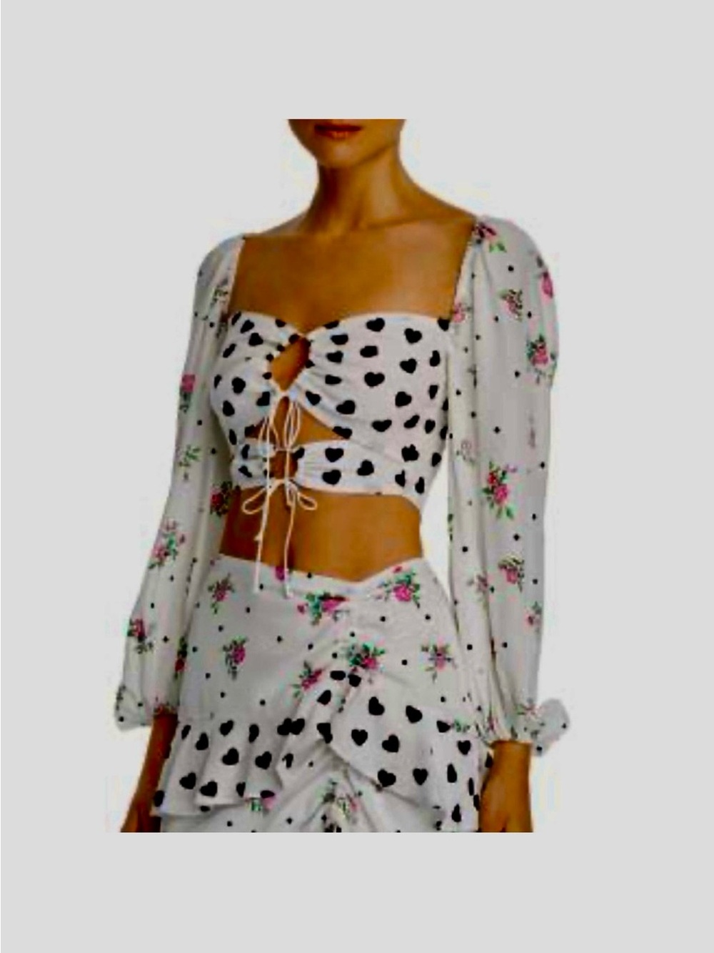 For Love And Lemons White Floral & Black Heart Tie-Front Crop Top